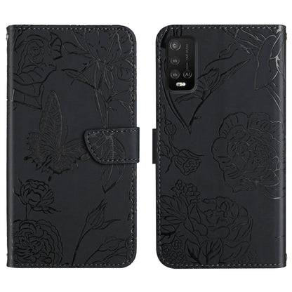 Black embossed leather phone wallet case with floral butterfly pattern, camera cutout and port access
