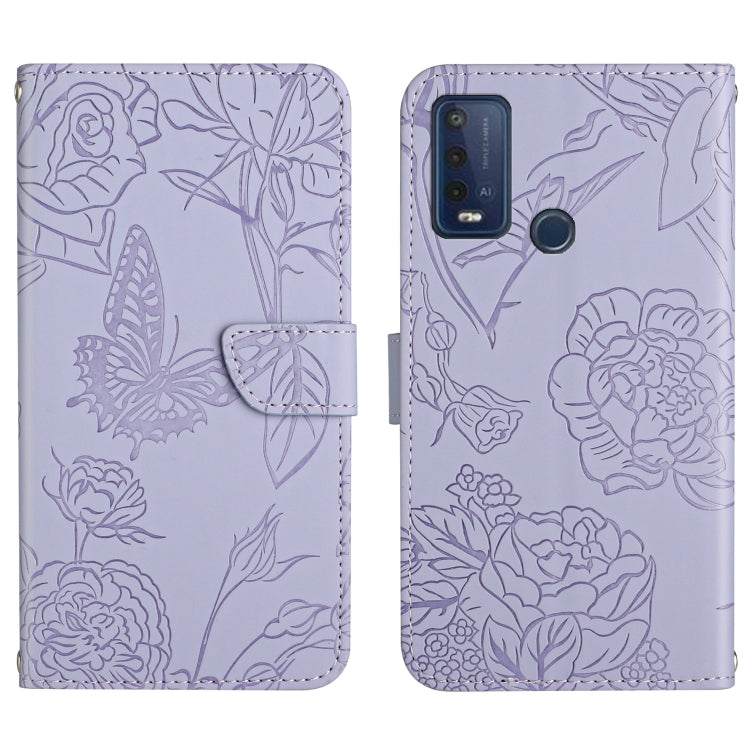 Lavender embossed leather phone wallet case with floral butterfly pattern, camera cutout and round detail