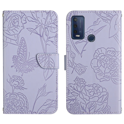 Lavender embossed leather phone wallet case with floral butterfly pattern, camera cutout and round detail