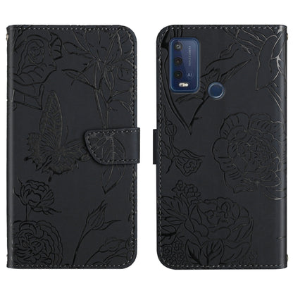 Black embossed leather phone case with floral butterfly peony pattern and side wallet flap