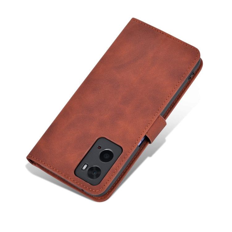 Brown leather flip phone case with two camera cutout and side hand strap, for OPPO
