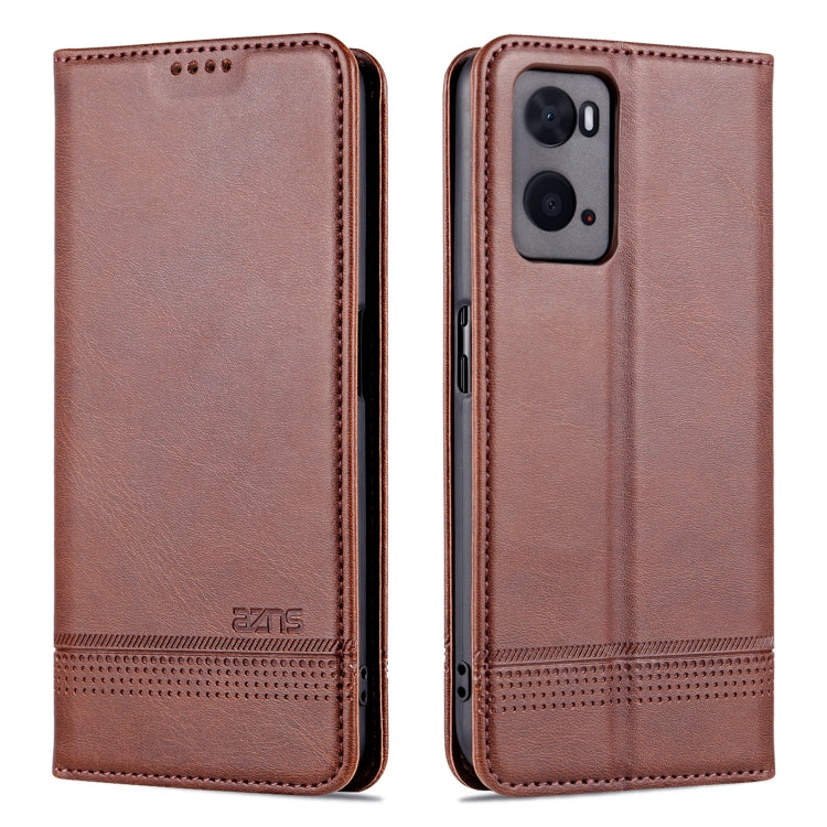 Magnetic flip phone case in brown calf-textured leather, front and back views