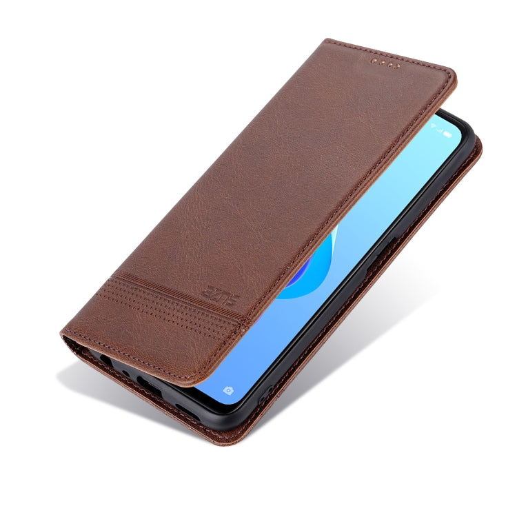 Brown calf-textured leather flip phone case with magnetic closure and card-slot panel
