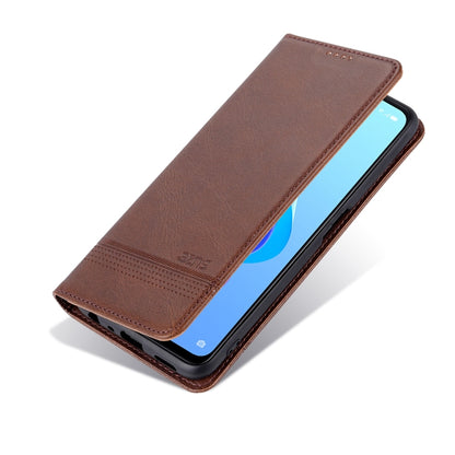 Brown calf-textured leather flip phone case with magnetic closure and card-slot panel