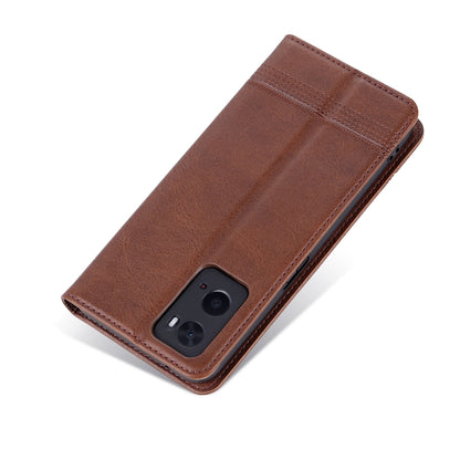 Brown calf-textured leather flip phone case with side button cutouts and camera opening