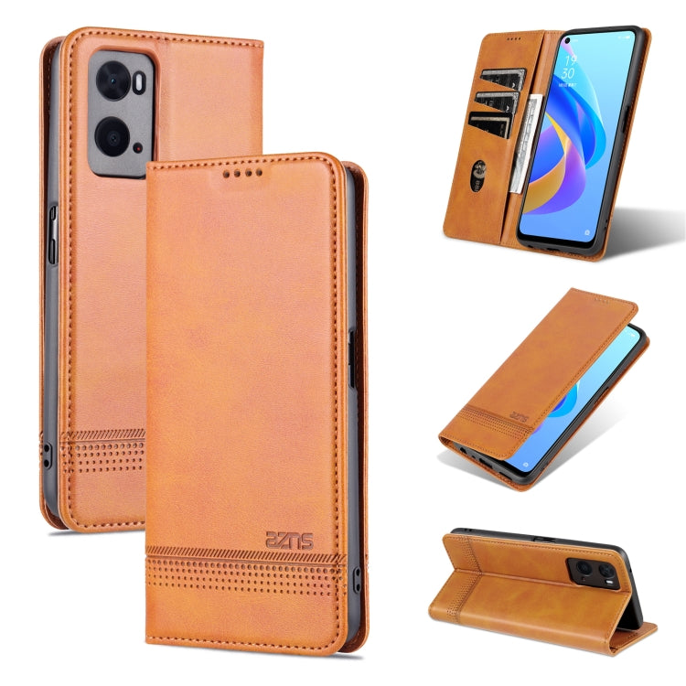 Magnetic flip phone case in tan calf-textured leather, with camera cutout