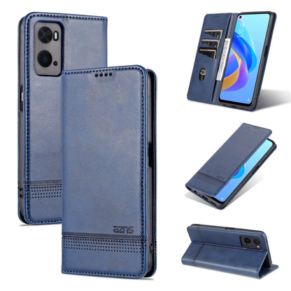 Magnetic flip phone case in dark blue calf-textured leather, front and back views