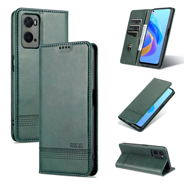 Magnetic flip phone case in dark green calf-textured leather with camera cutout