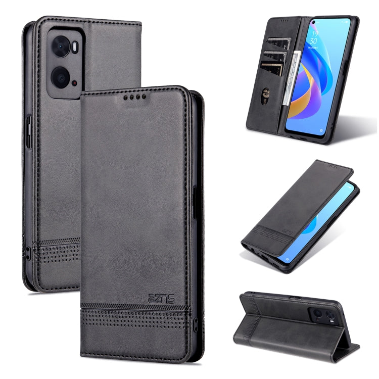 Magnetic flip phone case in dark charcoal with textured leather and card slots, stand view