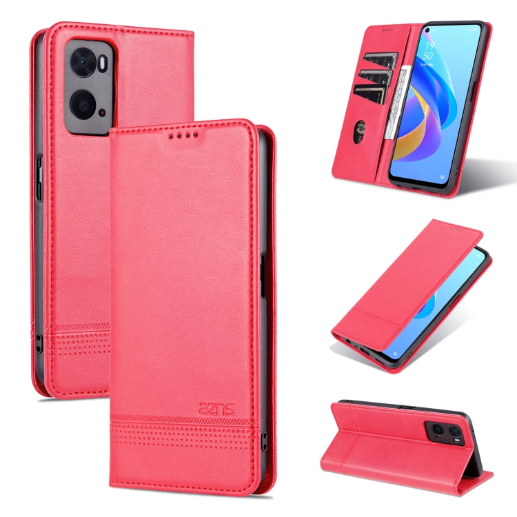 Magnetic flip phone case in red with textured leather, card slots, and magnetic closure