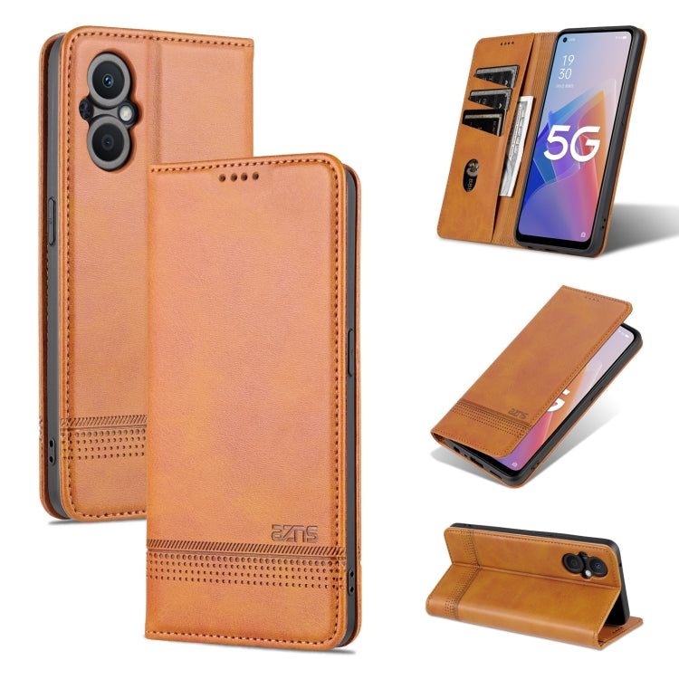 Magnetic flip phone case in tan with textured leather, card slots, and stand