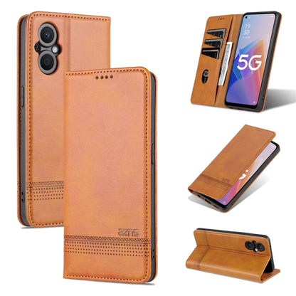Magnetic flip phone case in tan with textured leather, card slots, and stand