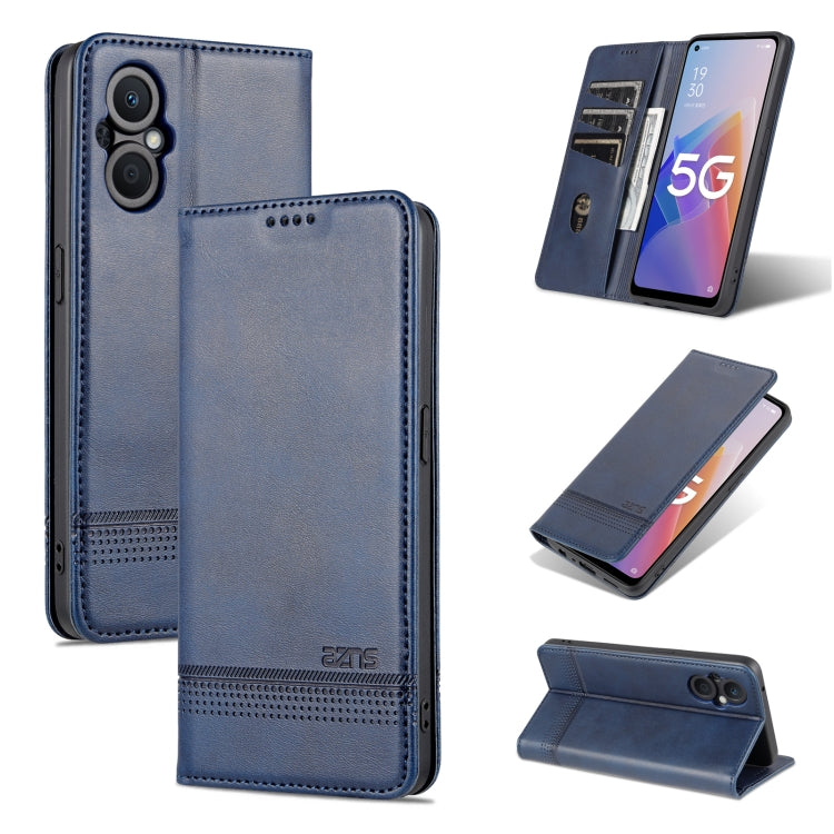 Magnetic flip phone case in dark blue with textured leather, card slots, and stand