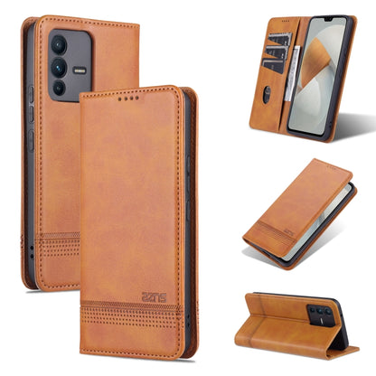 Magnetic flip phone case in tan with textured leather, card slots, and stand