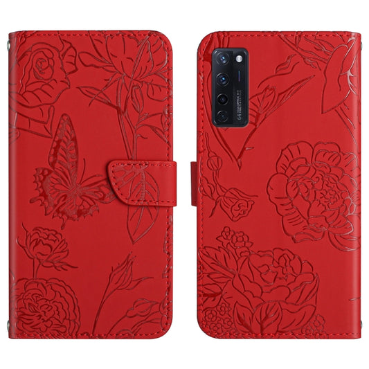 Red embossed leather phone case with butterfly and peony pattern, folio with strap