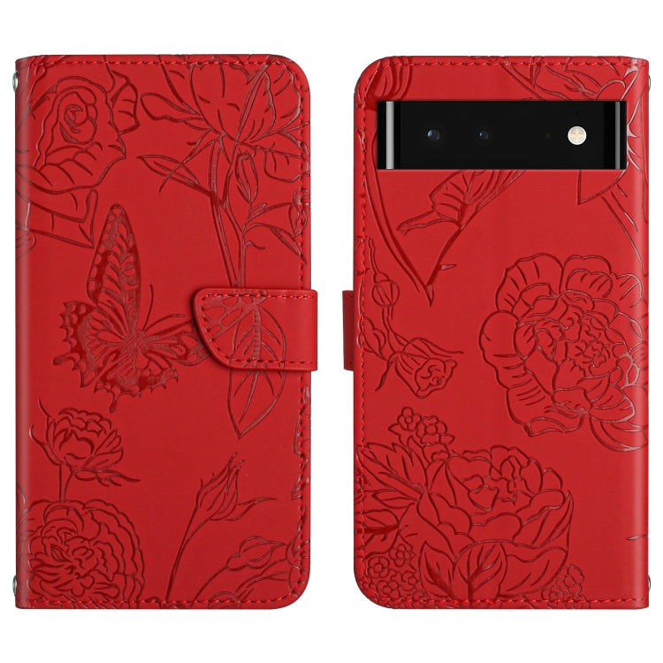 Red embossed leather phone case with butterfly and peony floral pattern, flip wallet cover