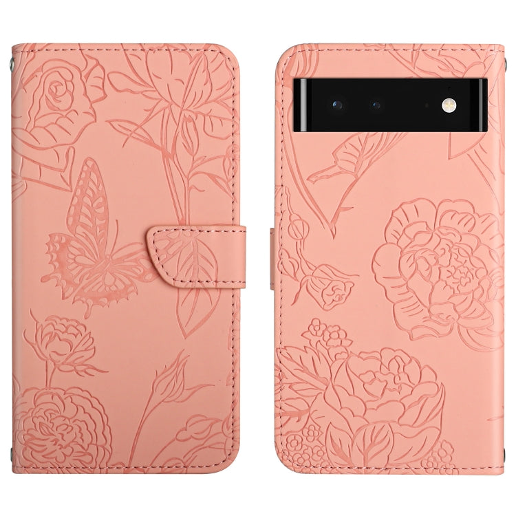 Pink embossed leather wallet phone case with butterfly and floral pattern, foldover