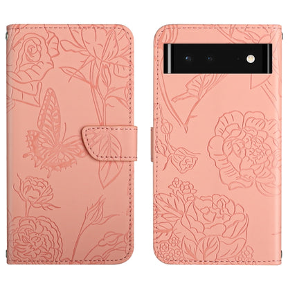 Pink embossed leather wallet phone case with butterfly and floral pattern, foldover