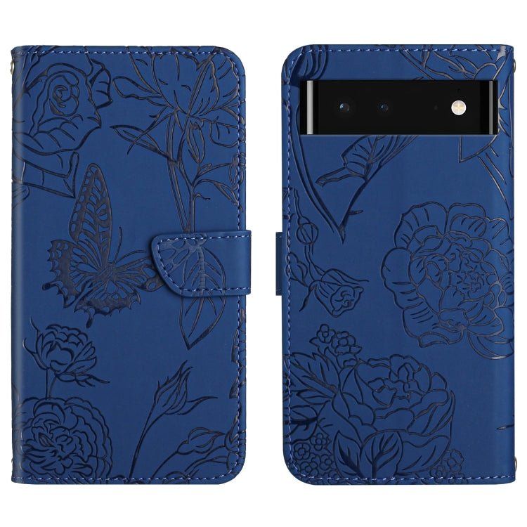 Blue embossed leather wallet phone case with butterfly and flower pattern, foldover