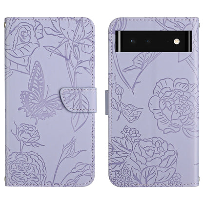 Lavender embossed leather phone case with butterfly and peony floral pattern, side strap