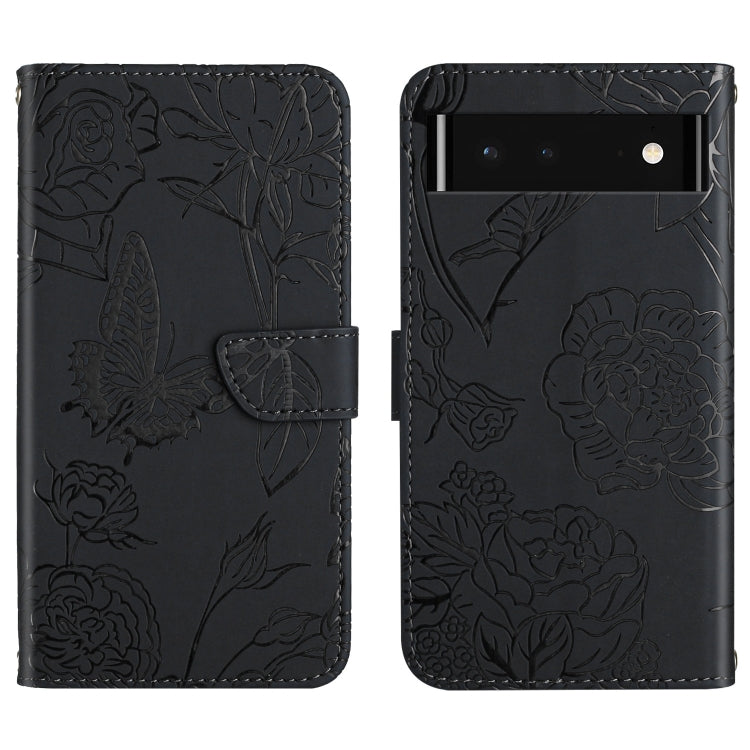Black embossed leather folio phone case with floral butterfly design and dual camera cutout