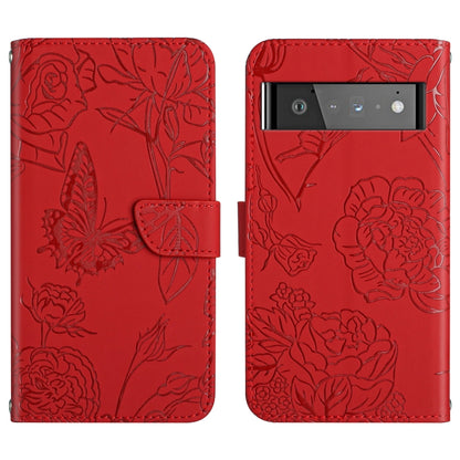 Red embossed leather phone case with butterfly-peony floral pattern, front and back view