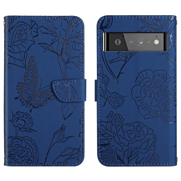 Blue embossed leather phone case with butterfly and floral design, camera cutout