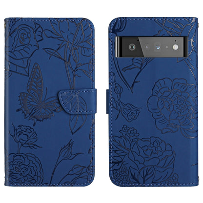 Blue embossed leather phone case with butterfly and floral design, camera cutout
