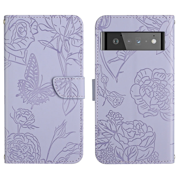 Lavender embossed leather phone case with butterfly and peony floral pattern, camera cutout