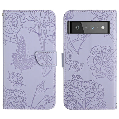 Lavender embossed leather phone case with butterfly and peony floral pattern, camera cutout