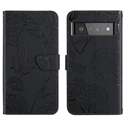 Black embossed leather folio phone case with floral butterfly design and triple camera cutout