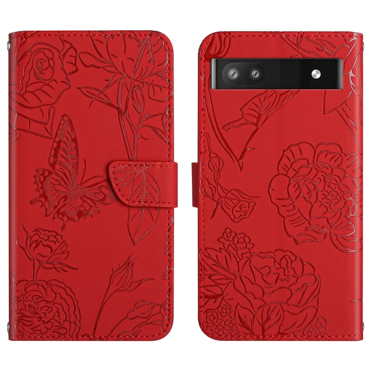 Red embossed leather phone case with butterfly-peony pattern and flip cover magnetic closure