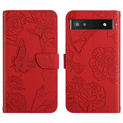 Red embossed leather phone case with butterfly-peony pattern and flip cover magnetic closure