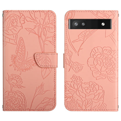 Pink embossed leather phone case with butterfly and flower pattern, cutout openings