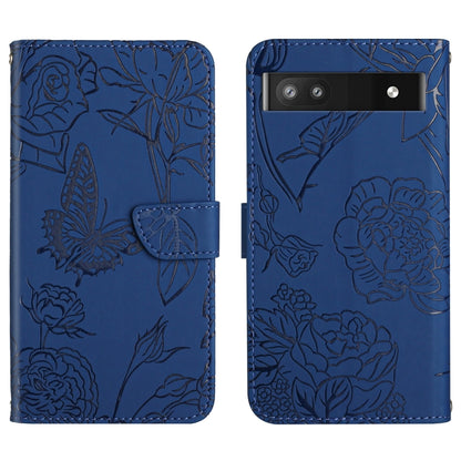 Blue embossed leather phone case with butterfly and peony floral pattern, side strap