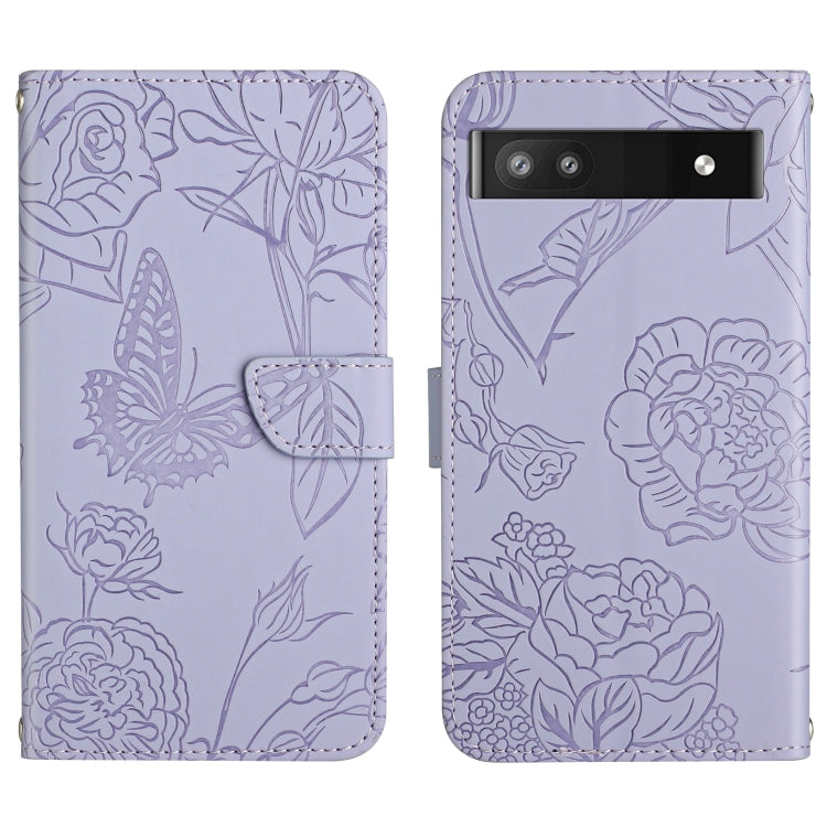 Lavender embossed leather phone case with butterfly and peony floral pattern, camera bar window