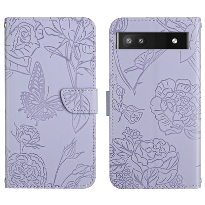 Lavender embossed leather phone case with butterfly and peony floral pattern, camera bar window