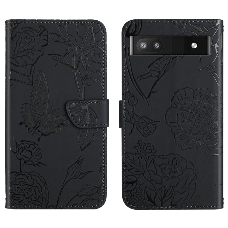 Black embossed leather folio phone case with floral butterfly design and triple camera cutout