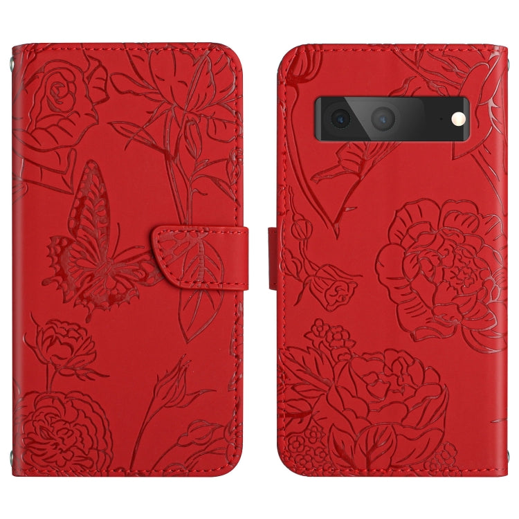 Red embossed leather phone case with butterfly-peony pattern and camera cutout on back