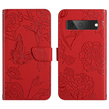 Red embossed leather phone case with butterfly-peony pattern and camera cutout on back