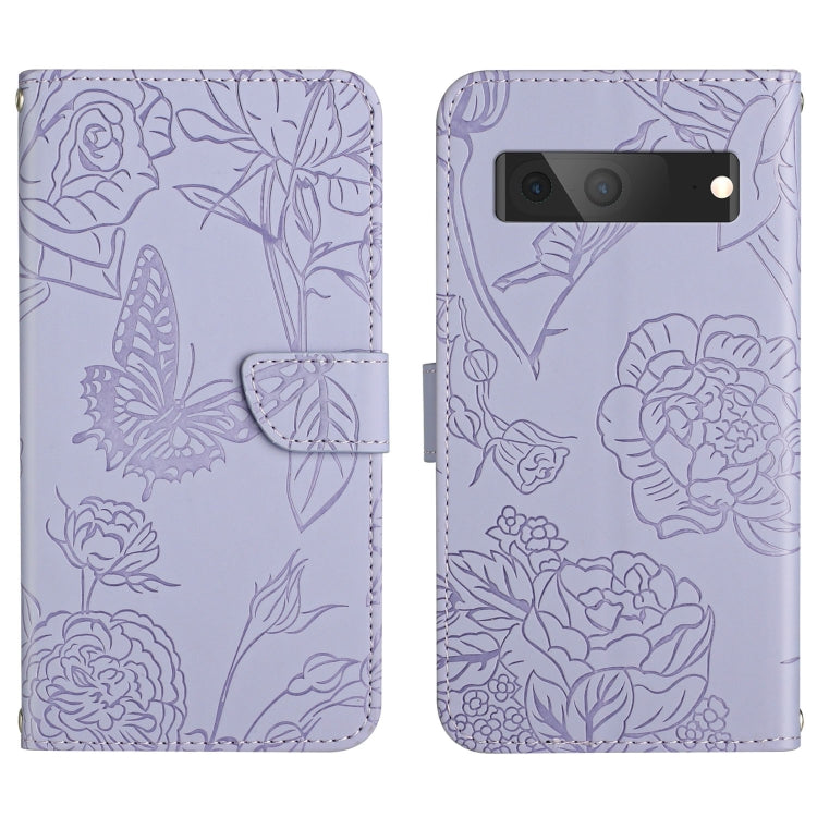Lavender embossed leather phone case with butterfly and peony floral pattern, lens and flash window