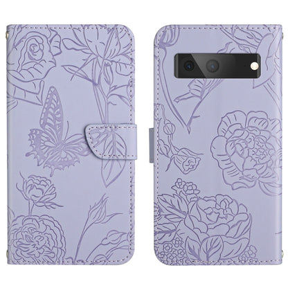 Lavender embossed leather phone case with butterfly and peony floral pattern, lens and flash window
