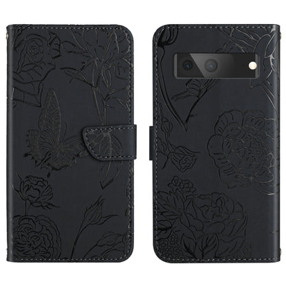 Black embossed leather folio phone case with floral butterfly design and triple camera cutout