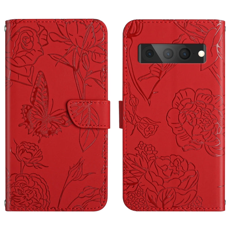 Red embossed leather wallet phone case with butterfly and flower pattern, magnetic flap
