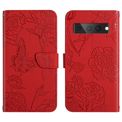 Red embossed leather wallet phone case with butterfly and flower pattern, magnetic flap