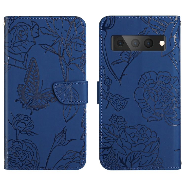 Blue embossed leather phone case with butterfly and peony floral pattern, lens and flash window