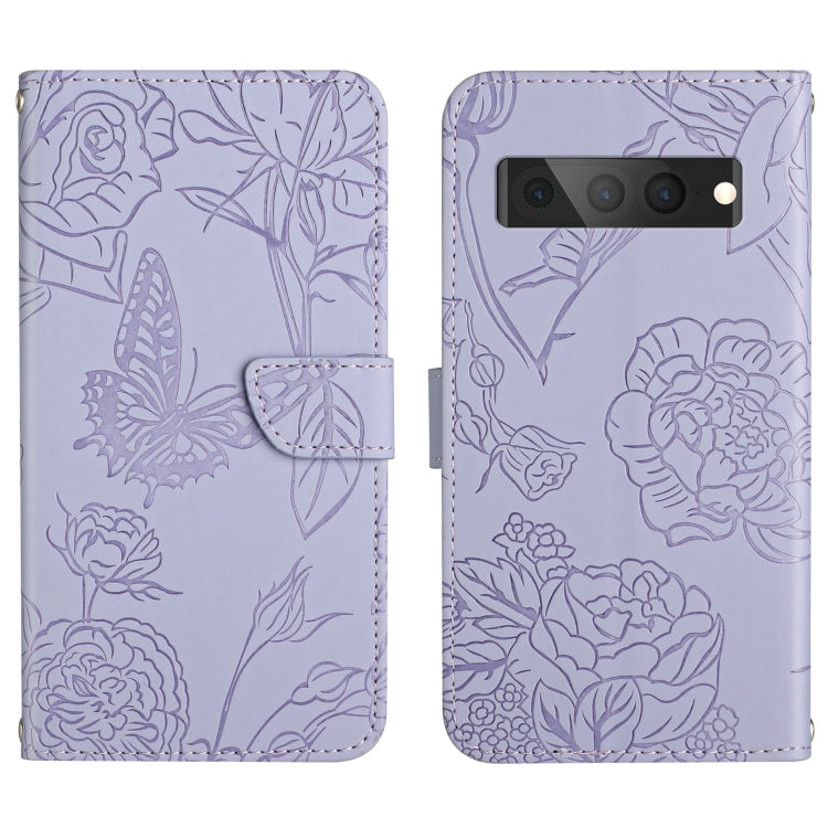 Lavender embossed leather phone case with butterfly and peony floral pattern, camera cutout