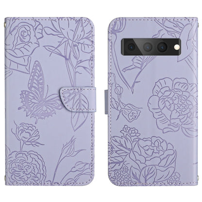 Lavender embossed leather phone case with butterfly and peony floral pattern, camera cutout