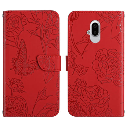 Red embossed leather phone case with butterfly and flower design, camera cutout