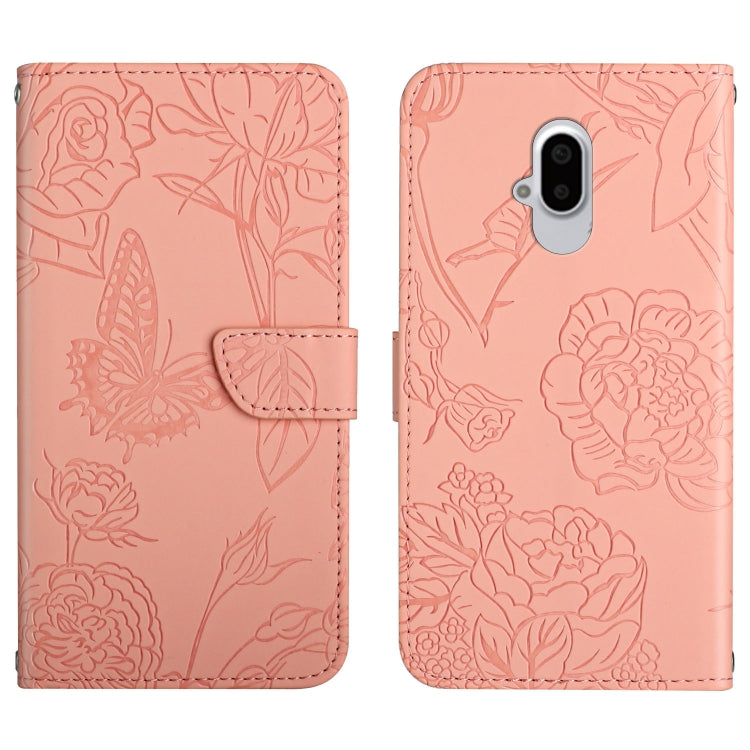Light pink embossed leather wallet phone case with butterfly and floral pattern